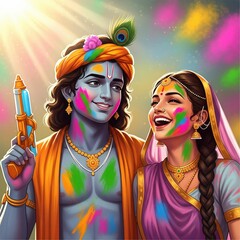 Obraz premium Radha Krishna enjoying Holi together in Vrindavan style – devotional illustration