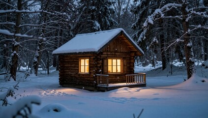 Cozy wooden cabin in a snowy forest glowing with warm light from inside its windows and porch at dusk peaceful serene atmosphere inviting retreat from the cold winter surroundings.