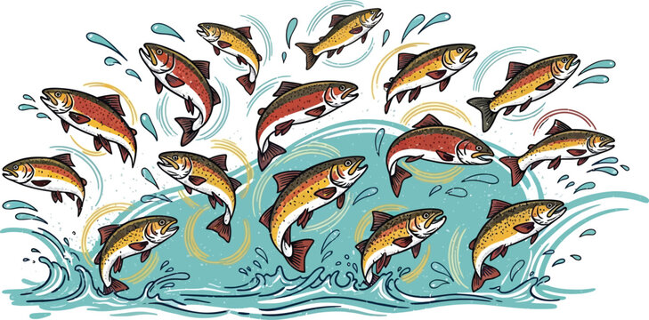 Set of salmon fish jumping out of water with splashes in doodle style. vector hand drawn illustration