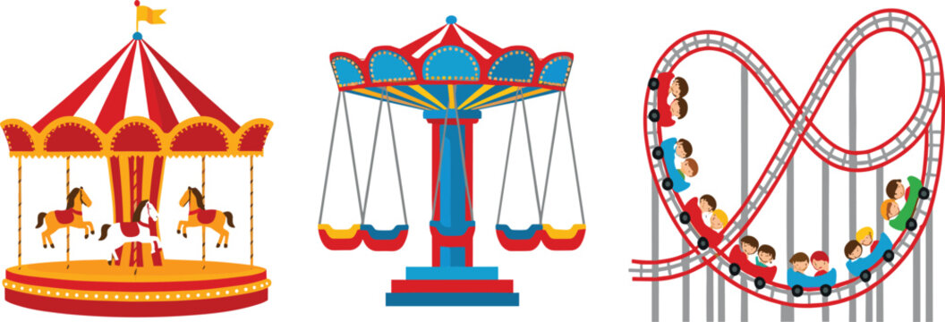Colorful amusement park rides vector illustration set featuring carousel swing ride and roller coaster cartoon design