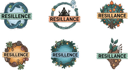 Naklejka premium Six resilience emblems with natural elements, tree, roots, and water, inspiring concept art