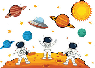 Cute cartoon astronauts exploring space with planets sun and spaceship colorful vector illustration for kids education design © Sumon Creative