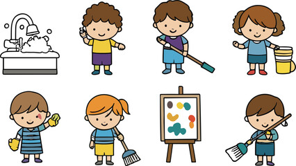 Cute cartoon kids doing household chores vector set featuring cleaning painting and daily activities illustration