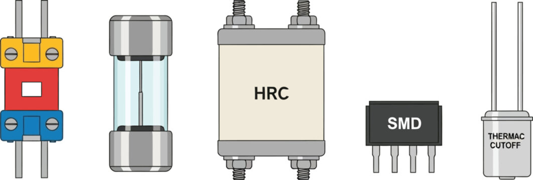 Various types of electronic fuses including cartridge, glass, high rupturing capacity, surface mount, and thermal cutoff