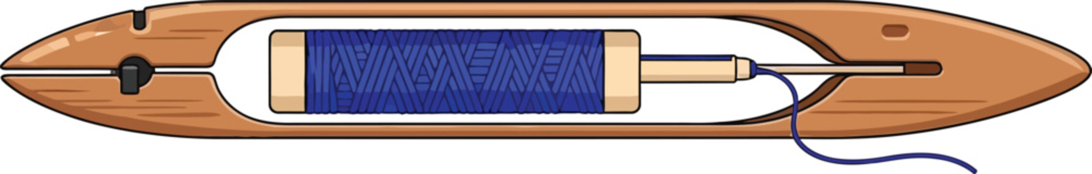 Weaving shuttle with bobbin and blue thread isolated on transparent background top view, loom equipment