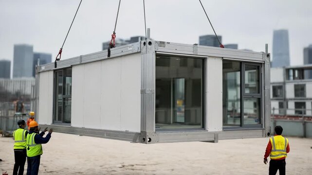 Focus on a modular prefab units detailed exterior as it is lowered into place by crane with indistinct stacked units and cityscape out of focus behind.