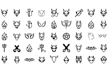 Obraz premium Collection of Devil Faces and Icons: Horns, Wings, Fire, and Symbols