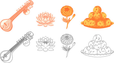 collection of sacred symbols of Vasant Panchami. Includes the musical instrument Veena, Lotus flower, Marigold blossom, and sweet Laddu.Ideal for Indian festival greetings, religious posters,etc