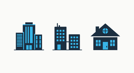 Obraz premium Simple vector illustrations of a skyscraper, office buildings, and a house for urban development and real estate concepts