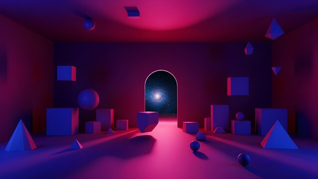 Mysterious purple and blue room with a glowing archway exit