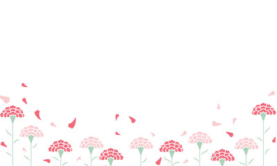 赤とピンクのカーネーションが下に並び花びらが舞う背景