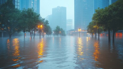 Fototapeta premium Flooded city street with submerged roads and buildings during a heavy rainfall event with trees and streetlights reflecting in the water