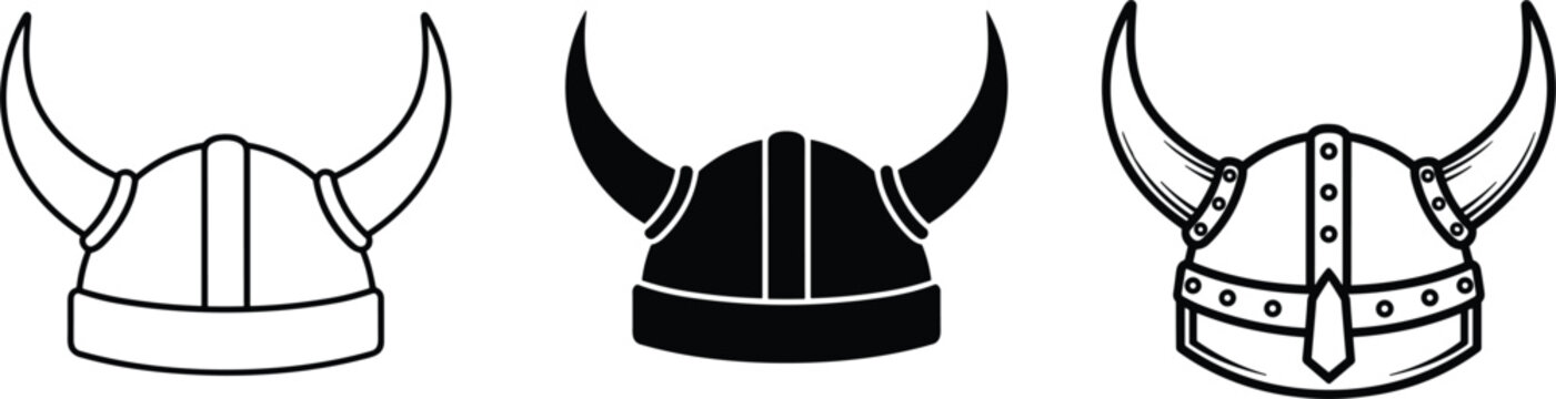 Viking helmet icon set with horned nordic warrior helmets outline and solid vector collection minimalist design