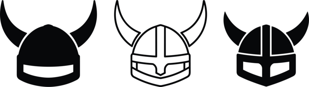Viking helmet icon set with minimalist horned nordic warrior helmets solid outline vector collection for logos