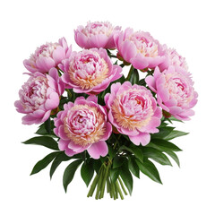 A bouquet of pink peonies with lush green leaves against a white background.