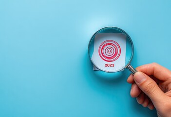 Magnifying glass focusing on 2023 target against blue background