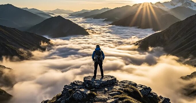 Mountain silhouette of a man standing on a peak with clouds and sky in the background. Motivational video