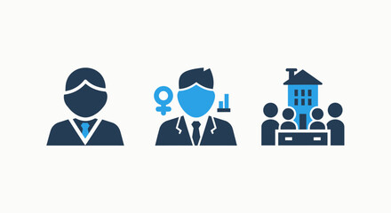 Fototapeta premium Business icons: businessman silhouette, professional with gender symbol and chart, and a meeting group by a building.