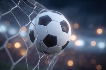 Soccer Ball in Goal Net Closeup.