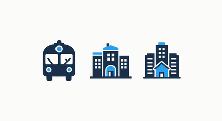 Obraz premium City icons: front view of a train, modern buildings, and residential apartment blocks for urban and transport themes.