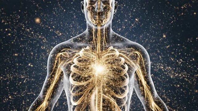 Human Body Energy Flow Visualization with Glowing Light Effects and Particles.