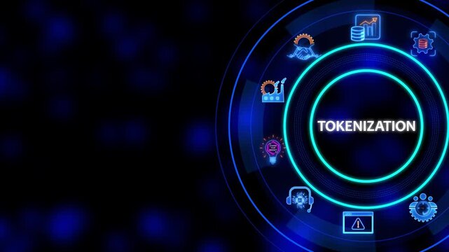 Tokenization concept with glowing blue and on dark background representing digital finance and blockchain technology