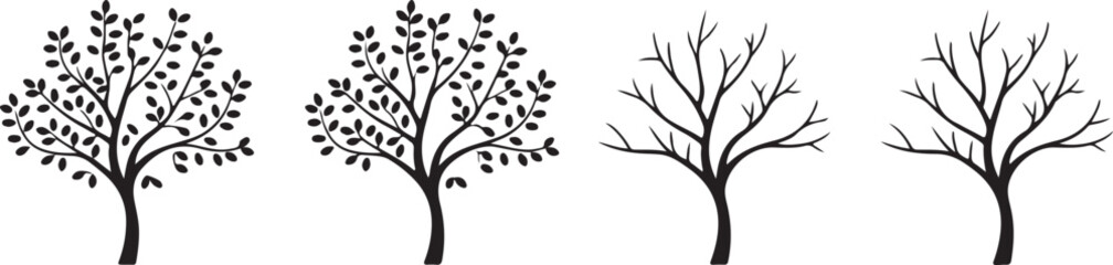 Obraz premium Simple black silhouettes of stylized trees with and without leaves represent seasonal changes