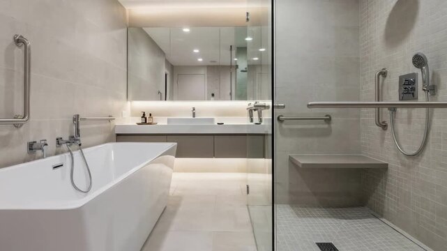 Medium shot of a renovated bathroom showing the seamless transition from bathtub to accessible walk focusing on tile detail and safety features.