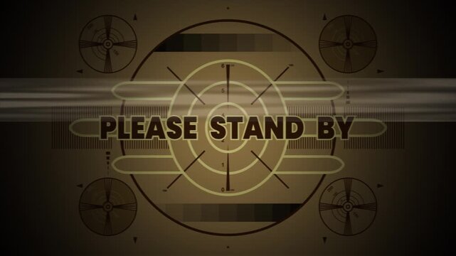 Please Stand by screen with glitch retro tv style message, perfect for video content during brief pauses or technical difficulties in productions.