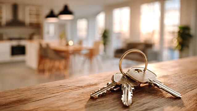 Trousseau de cl&eacute;s pos&eacute;e sur une table en bois avec appartement en arri&egrave;re plan