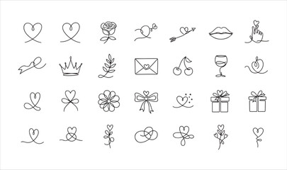 Fototapeta premium Premium Continuous Line Art Icons - 28 Minimalist Romantic Sketches, Finger Heart, Rose Floral Doodles for Wedding Branding, Modern Tattoos, and Elegant Graphic Assets