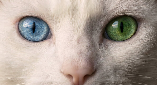 Extreme macro close up of odd eyes heterochromia in a white cat showing iris detail background.