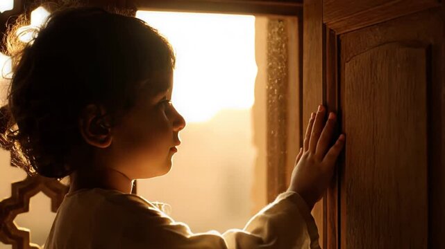 The thoughtful profile of a curious young child is dramatically silhouetted by the intense golden glow pouring through an ornate wooden window frame at home.