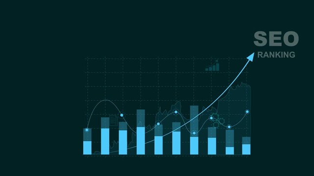 A marketer holds a pen pointing to a graph and shows SEO concepts, optimization analysis tools, search engine rankings, social media sites based. Motion graphics of business concept