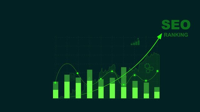 A marketer holds a pen pointing to a graph and shows SEO concepts, optimization analysis tools, search engine rankings, social media sites based. Motion graphics of business concept