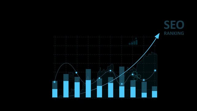A marketer holds a pen pointing to a graph and shows SEO concepts, optimization analysis tools, search engine rankings, social media sites based. Motion graphics of business concept