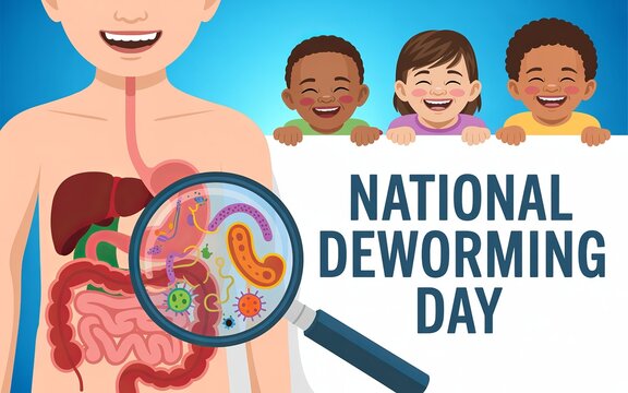 Medical illustration explaining parasite infections and National Deworming Day campaign.