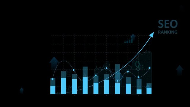 A marketer holds a pen pointing to a graph and shows SEO concepts, optimization analysis tools, search engine rankings, social media sites based. Motion graphics of business concept