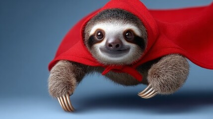 Fototapeta premium Cute sloth in a red cloak levitates against a blue background, showcasing a whimsical superhero animal concept for children's book illustrations with a playful and imaginative theme