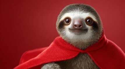 Naklejka premium Cute sloth wearing a red cloak poses in a studio setting, showcasing a whimsical superhero concept for children's book illustrations with a vibrant red background