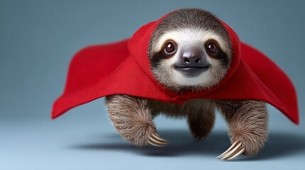 Naklejka premium Cute sloth wearing a red cloak levitates in a studio setting, showcasing a whimsical superhero animal concept for children's book illustrations with a cheerful expression