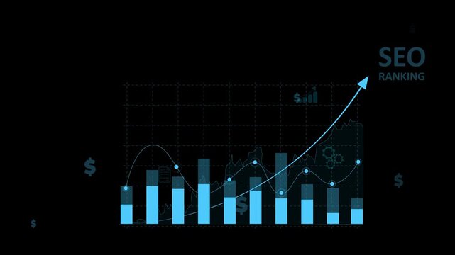 A marketer holds a pen pointing to a graph and shows SEO concepts, optimization analysis tools, search engine rankings, social media sites based. Motion graphics of business concept