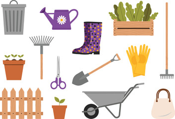 Gardening tools and equipment set with watering can shovel gloves plants and wheelbarrow flat vector illustration