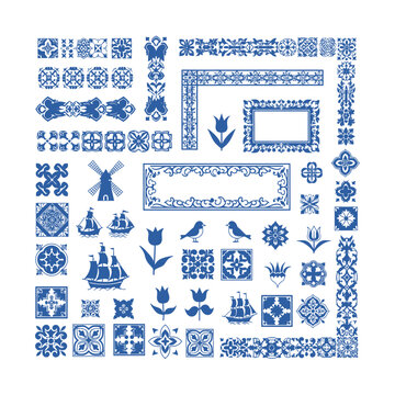 Delft Blue inspired vector elements collection with traditional Dutch motifs and decorative patterns.
