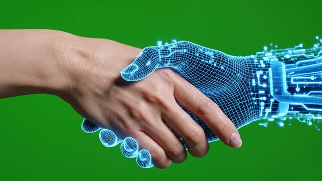 Human Shaking Hands with Digital Wireframe Hologram on Green Screen, Virtual Reality and Metaverse Concept, Blue Glowing Cybernetic Handshake, 3D Network Technology, Chroma Key