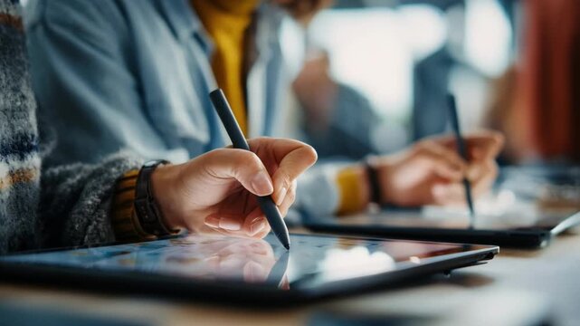 Closeup of creative team designing unique digital assets on hightech tablets emphasizing innovation in branded merchandise creation.