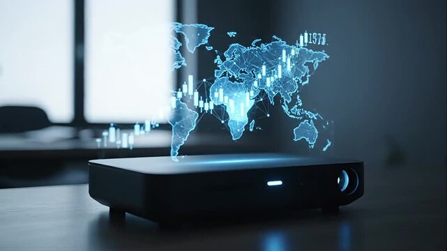 Projector displaying a digital blue world map with graphs and data in a dark office