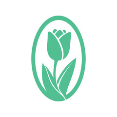 Green tulip flower vector icon in oval frame, minimalist floral spring design
