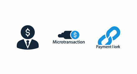 Financial icons showing a businessman with dollar sign, microtransaction concept, and payment link symbol, for digital finance and online business.