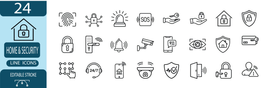 Home security and protection outline icon set, smart house monitoring and safety symbol, fingerprint lock and surveillance camera vector illustration with editable stroke.